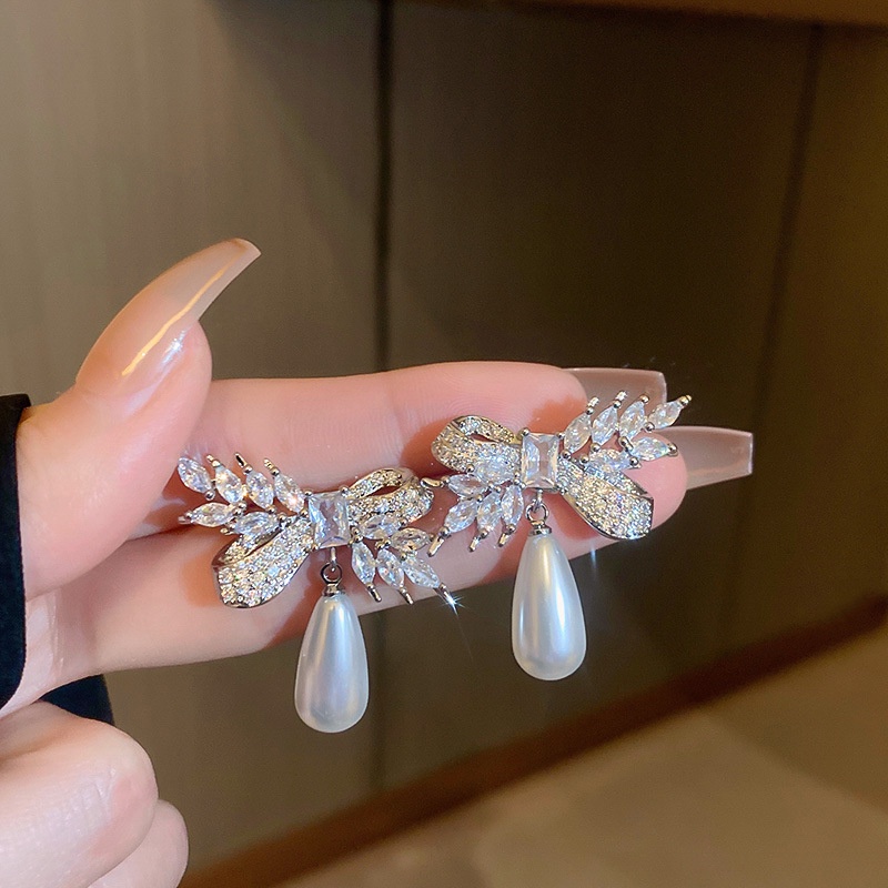 Bông Tai Bạc Hình Chiếc Nơ Đính Đá Zircon Xinh Xắn Thời Trang