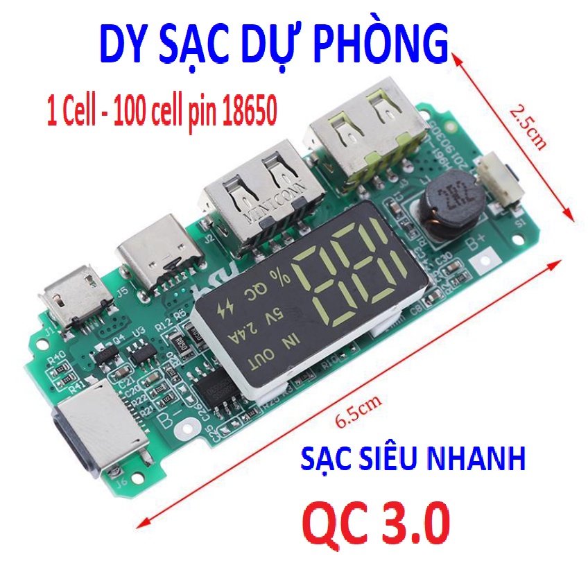 Mạch sạc dự phòng QC 3.0 Víp. Hiển thị LCD, nhiều cổng. Mạch không giới hạn số lượng pin -DIY Sạc dự phòng