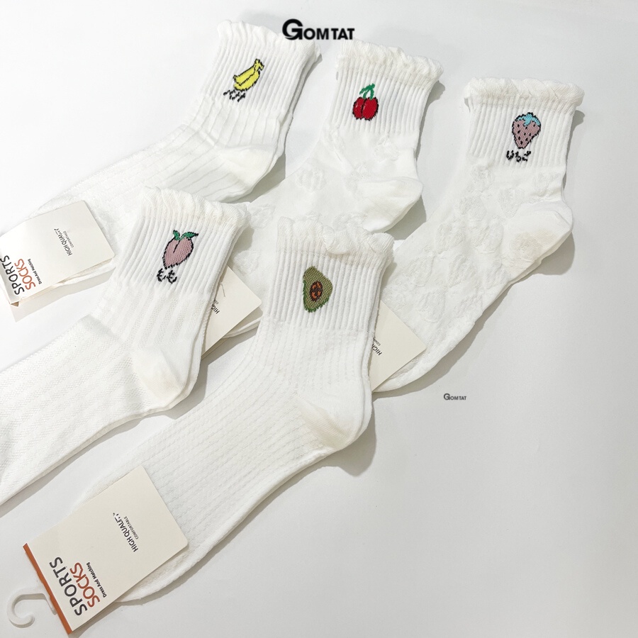Set 5 đôi tất vớ nữ cổ trung GOMTAT họa tiết trái cây, chất liệu cotton cao cấp thoáng khí - LISU20-LUNG-TAIBEO-TRAICAY