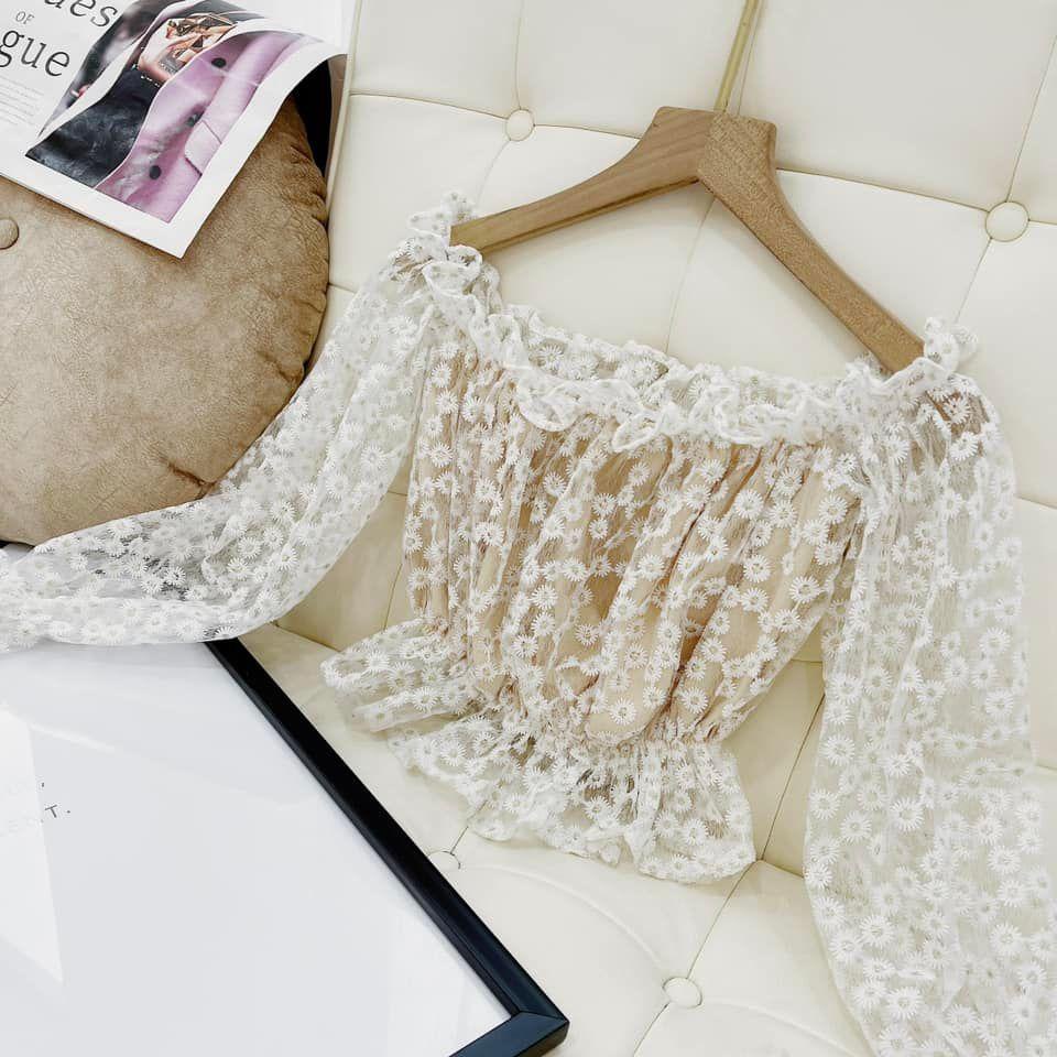 [Ảnh thật] Áo croptop lưới bi hoa trễ vai bèo tay dài nhún phồng