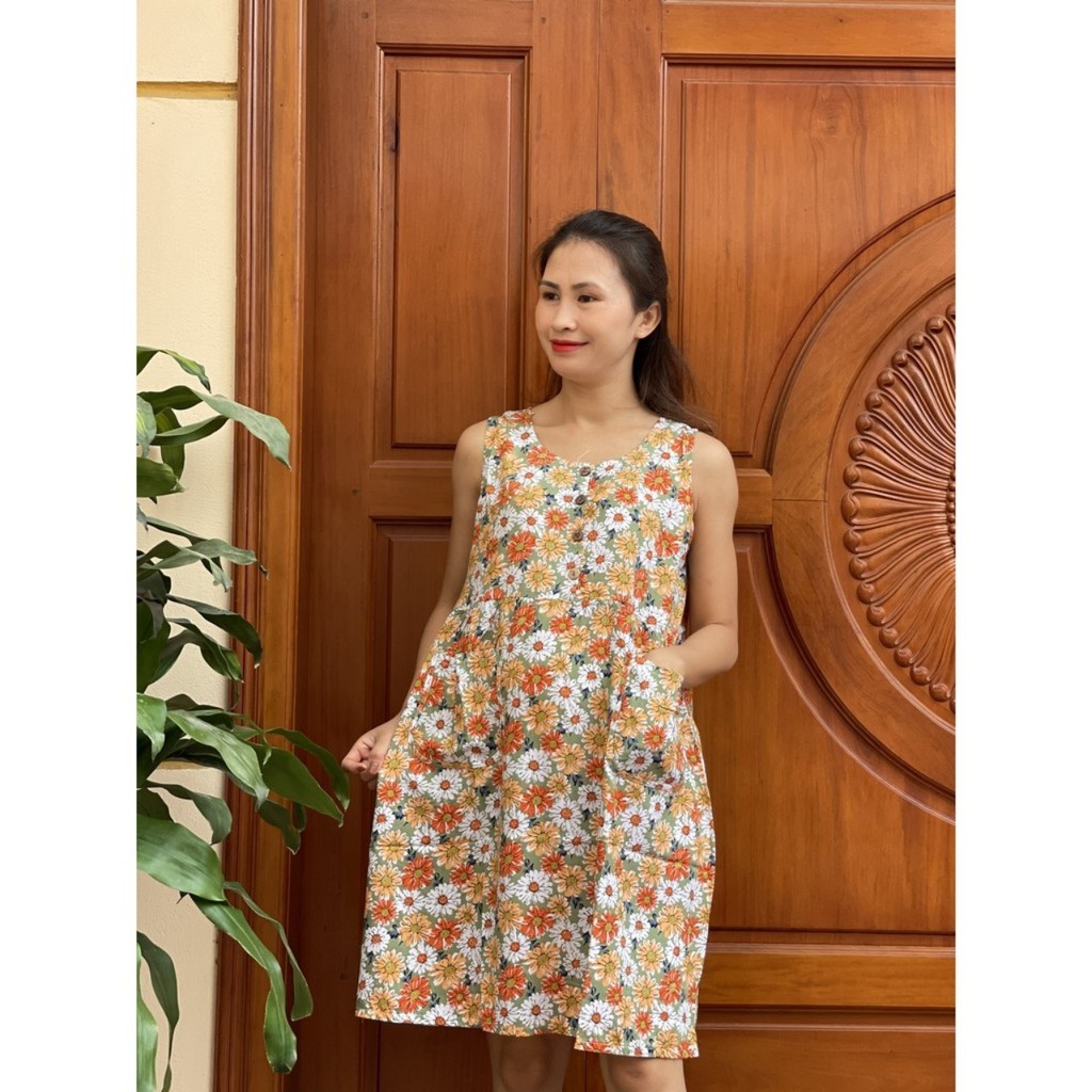 Váy bầu 4 KHUY 2 TÚI TRƯỚC chất lanh siêu mát sau sinh bon chen thoải mái V4K