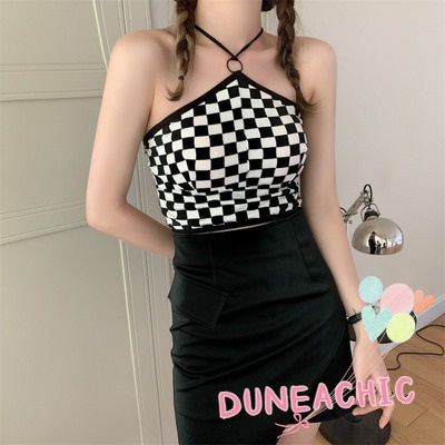 DUNEA Áo Hai Dây Họa Tiết Sọc Caro Thiết Kế Độc Đáo Quyến Rũ Cho Nữ