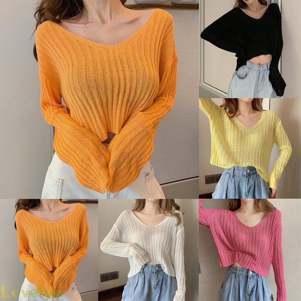 Áo dệt kim tay dài cổ chữ V trễ vai màu trơn 100% hàng mới chất lượng cao