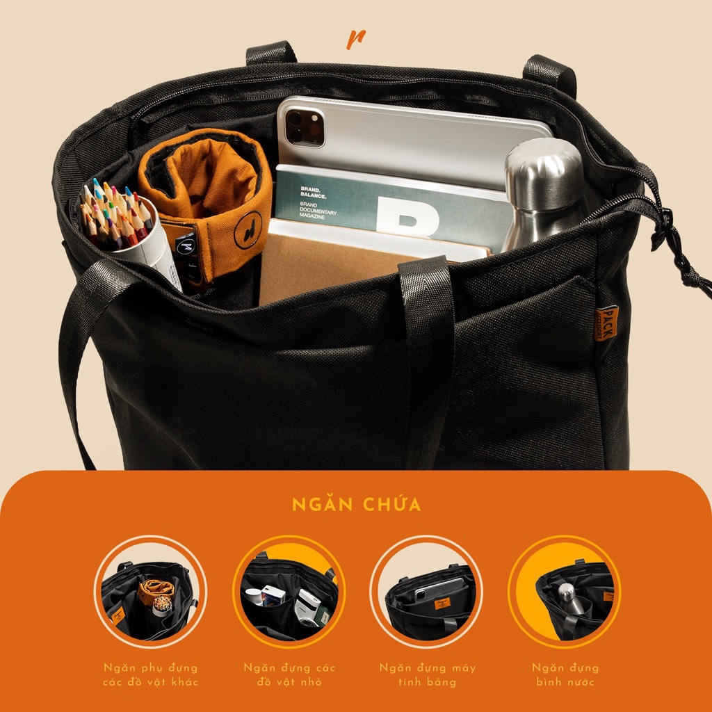 Túi Tote Reckless May Tote - Vải Polyester, Nhiều Ngăn Tiện Ích, Ngăn Laptop 14 Inch