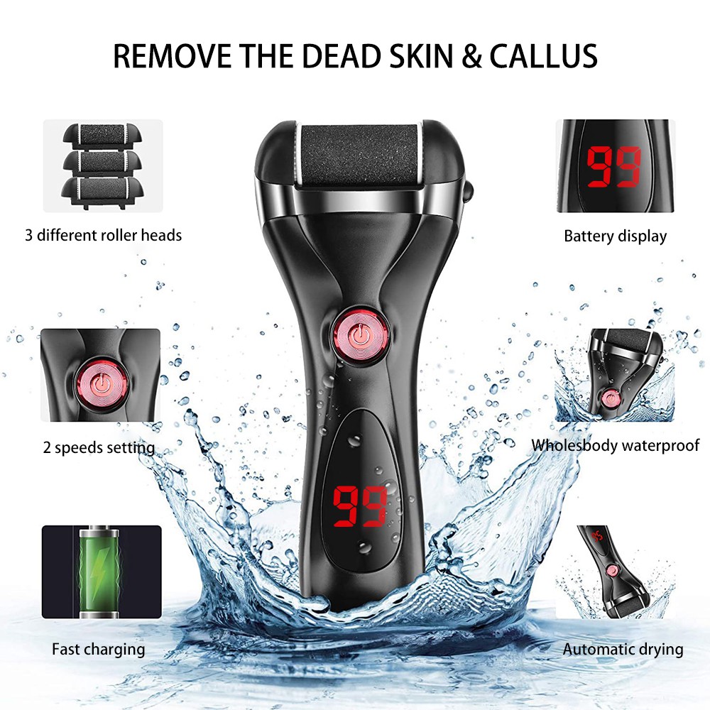 Máy tẩy tế bào chết TOGEWITHU điện/ tẩy vết chai chân chạy màu trắng/ đen với 3 đầu lăn