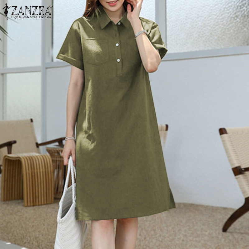 Đầm ZANZEA dáng rộng cổ bẻ ngắn tay thời trang cho nữ