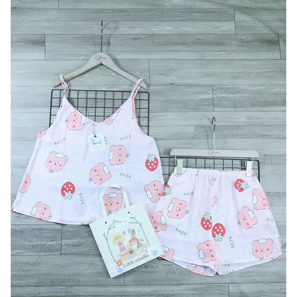 pijama đùi 2 dây thiết kế siêu xinh thoải mái khi mặc, chất liệu lụa cao cấp mềm mịn mát. pijama nữ giá sỉ lẻ tận xưởng