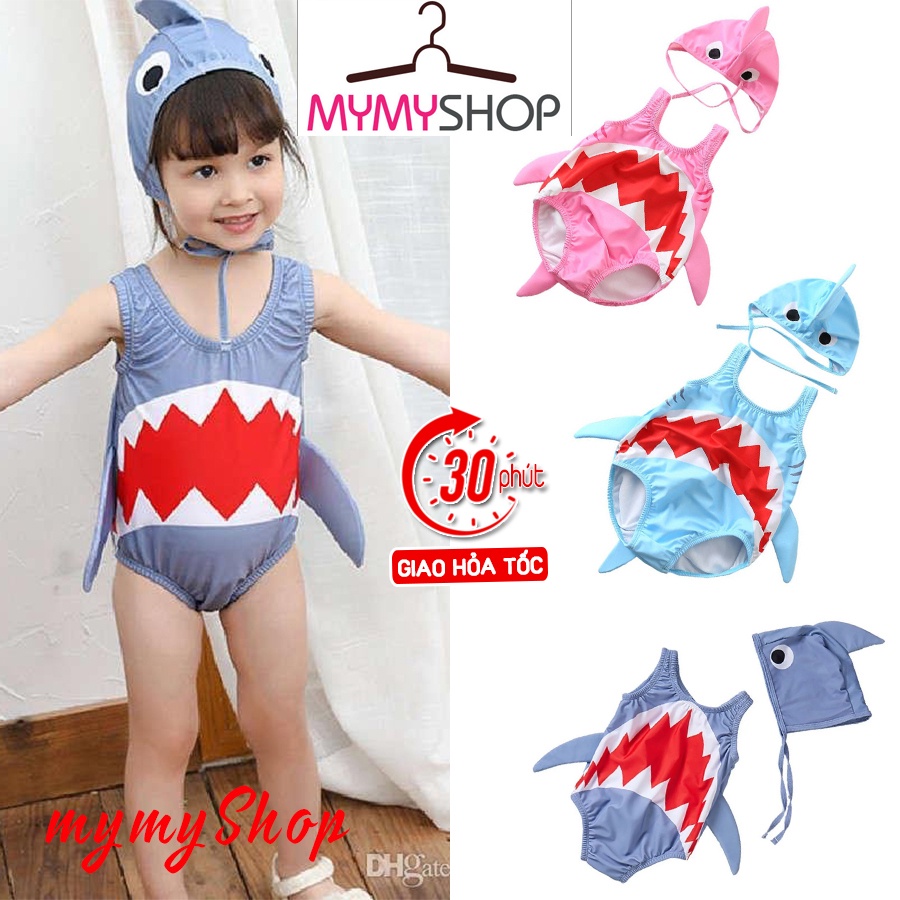 Đồ bơi trẻ em Hình Cá Mập Có Vây kèm mũ/nón đáng yêu, Đủ 3 màu cute cho bé