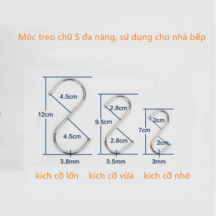 Móc treo đồ hình chữ S inox đa năng-3 Kích thước