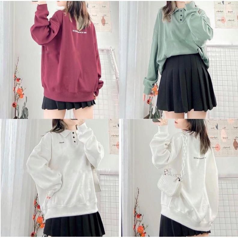 Áo polo oversize gân in chữ xanh trắng đỏ nude tay dài (ảnh thật) New *