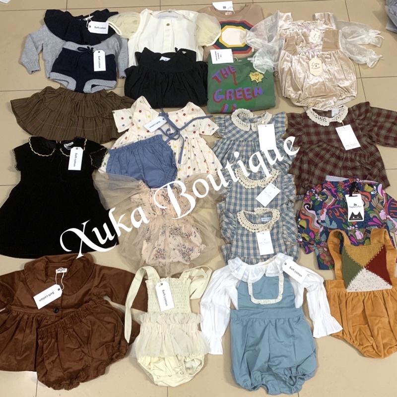 Set yếm vải kèm áo sơ mi trắng Bé Gái cổ tròn Soft Cotton Cao Cấp Sz 80/90/100/110 ( Ảnh thật)