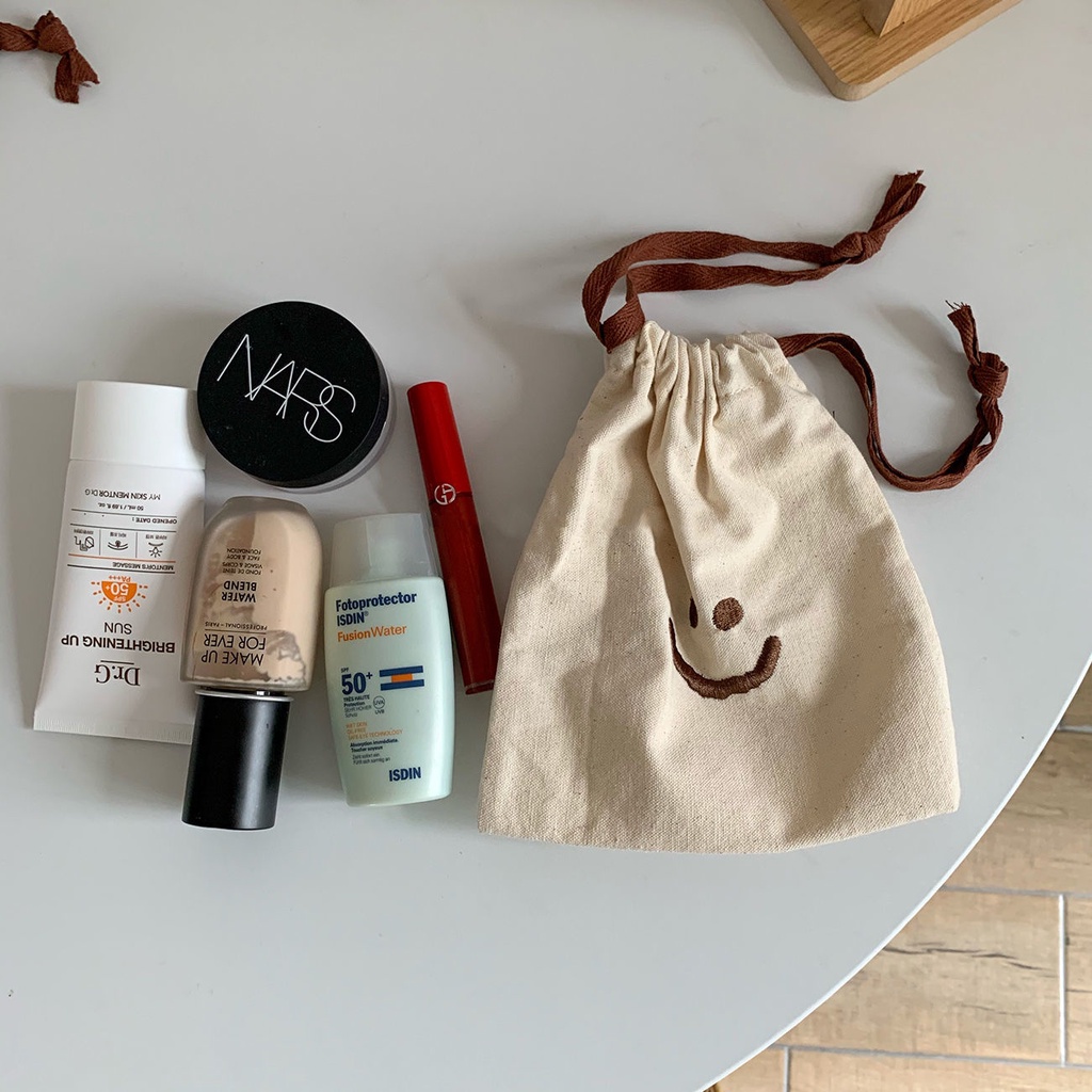 Túi Dây Rút Mini Đựng Mỹ Phẩm Thêu Hình Mặt Cười Dễ Thương