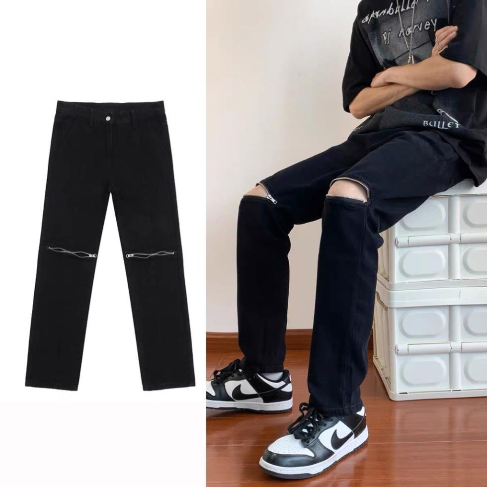 Quần jean nam khóa gối màu đen chất bò cao cấp co dãn 4 chiều cực đẹp rin trơn from dáng skinny đẹp LEPHG MS545 !
