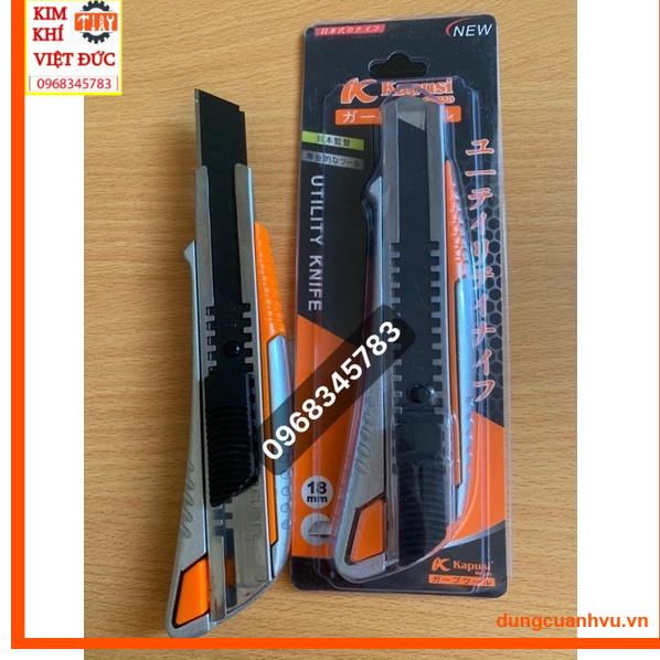 Dao rọc giấy cán nhôm Nhật Kapusi JAPAN, dao trổ lớn 18mm lưỡi thép SK5 đen siêu sắc, cắt giấy, rọc băng keo, bìa carton
