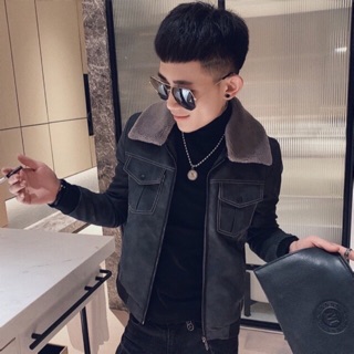 ÁO KHOÁC DA NAM DÁNG BOMBER HỌA TIẾT CÁ TÍNH CỔ LÔNG THÁO RỜI HOTTREND 2019