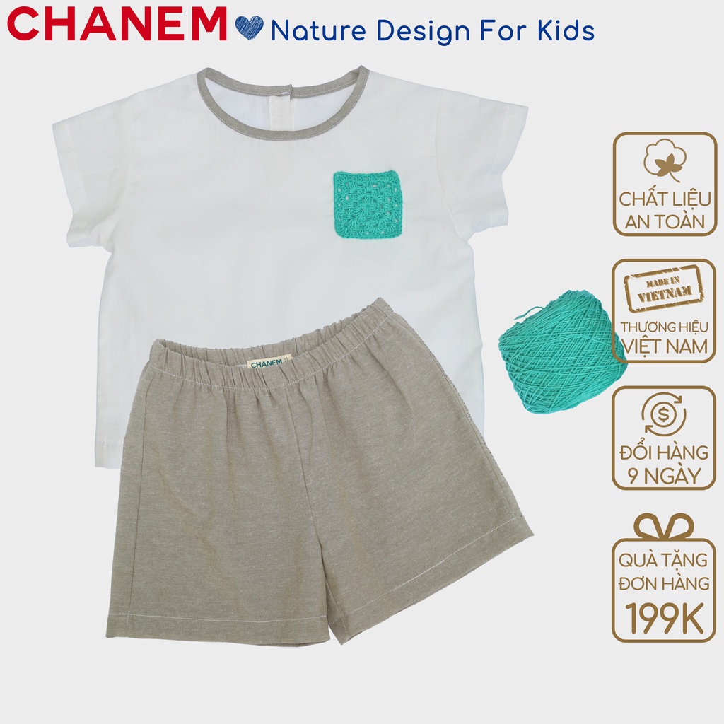 Set bộ đồ bé trai bé gái ngắn tay phối túi móc cá tính chất liệu cotton thấm mồ hôi thoáng mát CHANEM