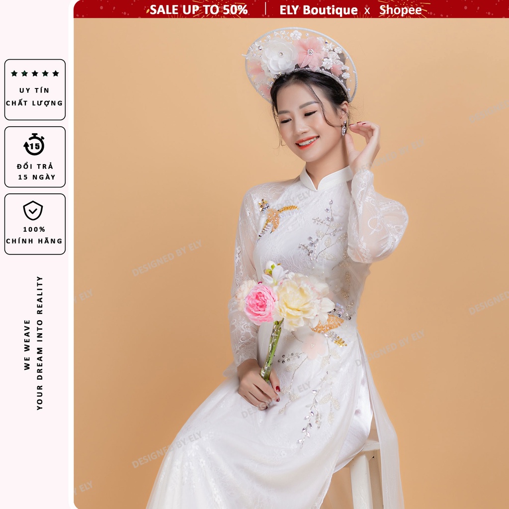 Áo dài cưới ELY Boutique 3 lớp 6 tà áo dài trắng kết hạt họa tiết cách điệu ELR11