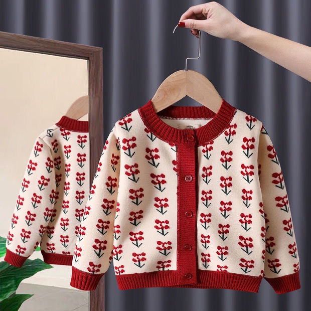 Áo khoác len cardigan cho bé gái KIDPLANET áo len cherry trẻ em  dệt kim mềm mại từ 5, 6, 7, 8, 9, 10 tuổi N00533
