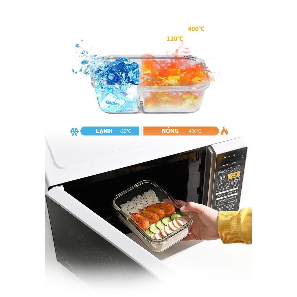 Hộp cơm thủy tinh chia ngăn cao cấp Yeahcook Glass Lunch Box 960ml