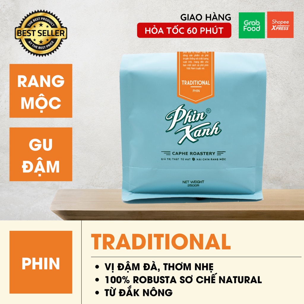 Cà Phê Robusta Pha Phin Cafe Rang Xay Nguyên Chất Gói Cao Cấp 250gram - Vị Caphe Nguyên Bản - Phin Traditional Phin Xanh