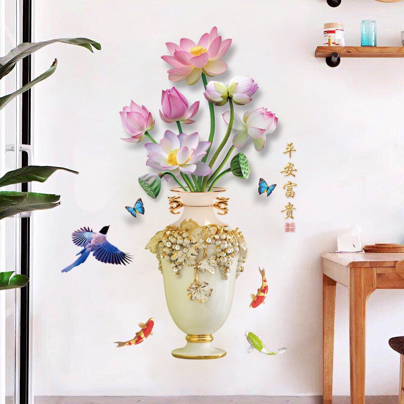 Decal dán tường, Tranh dán tường bình hoa 3D trang trí phòng khách phòng ngủ cầu thang AD06