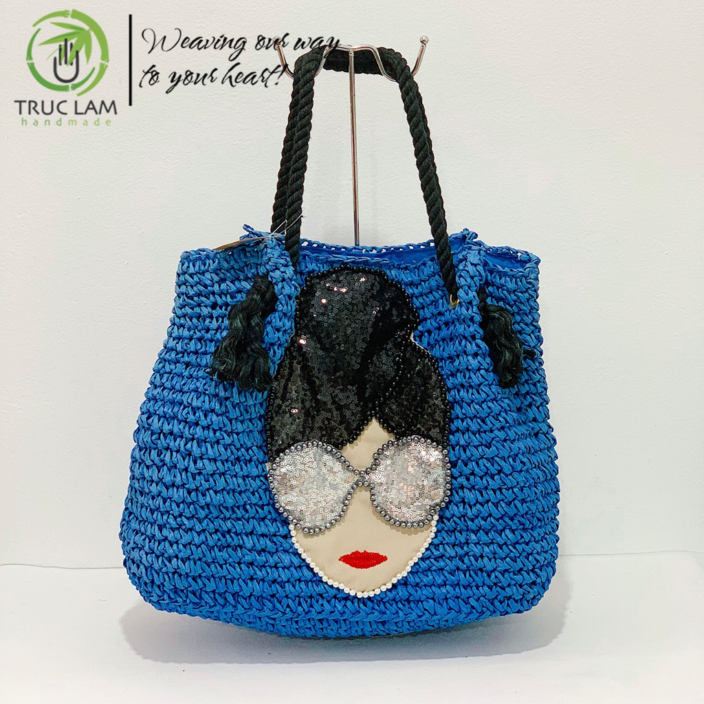 Túi Cói Tote Thời Trang Nữ Quai Vặn Thừng Tết Miệng Oze Cỡ Lớn Thêu Cườm Mặt Cô Gái - Trúc Lâm Handmade