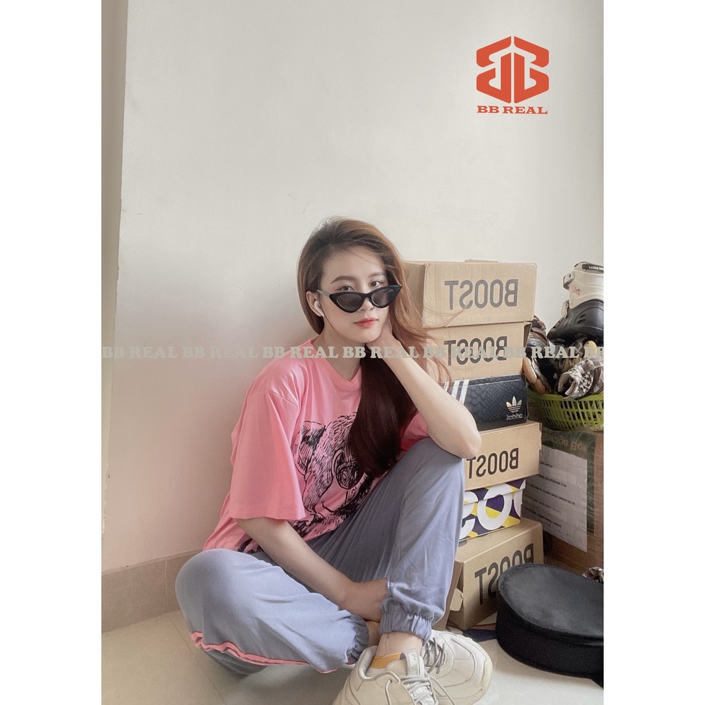 ĐỒ BỘ THUN SỌC - QUẦN XÁM, ÁO CARTOON From Rộng Unisex , THOÁNG MÁT, Freesize TỪ 45-65KG - BB REAL