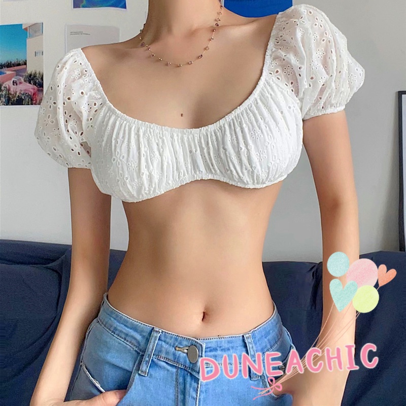 DUNEA Áo Croptop Cổ Vuông Tay Phồng Thời Trang Cho Nữ