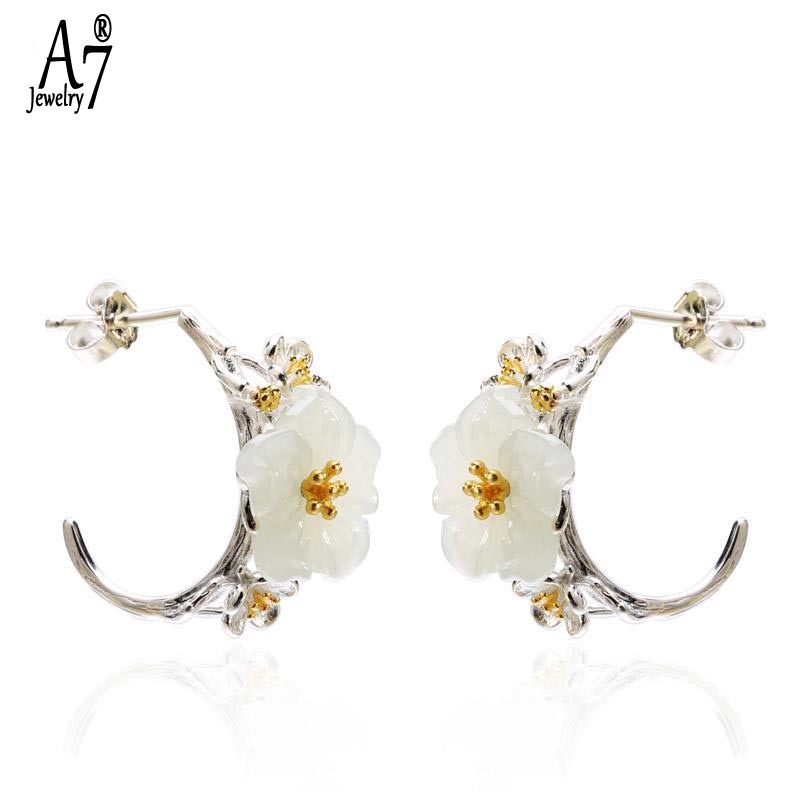 Khuyên Tai Bạc A7 Họa Tiết Hoa Anh Đào Đính Đá Ngọc Bích Trắng Chống Dị Ứng