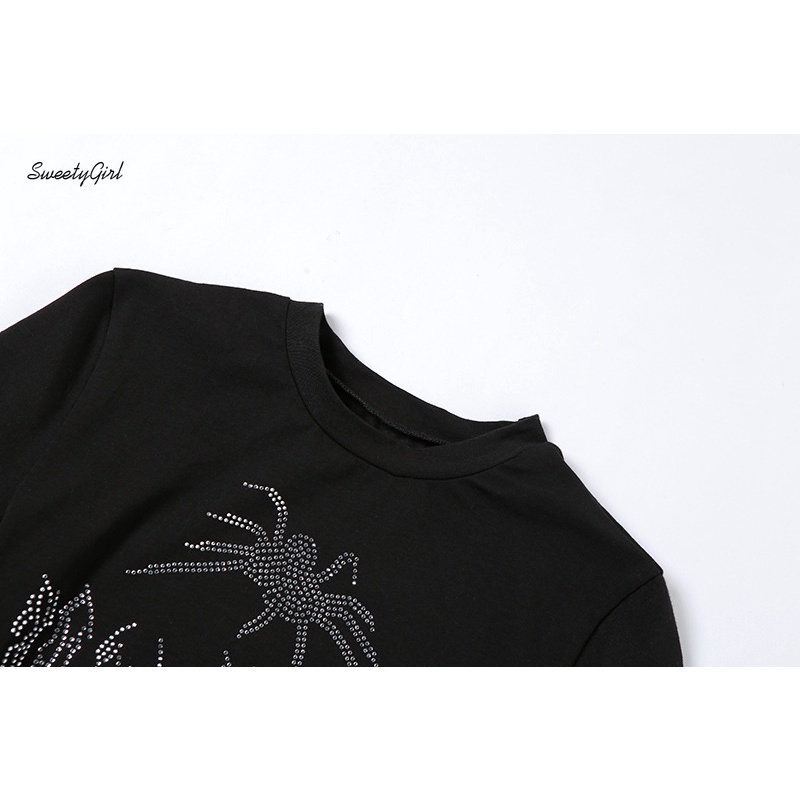 Áo croptop tay ngắn cổ tròn dáng ôm đính đá hình nhện thời trang cho nữ