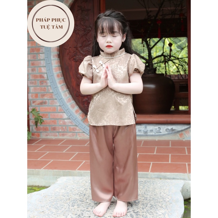 Đồ Lam Đi Chùa Cho Bé Gái Tay Phồng Cách Điệu , Bộ Đi Chùa Bé Gái Lụa Gấm Nổi Cao Cấp - Pháp phục Tuệ Tâm