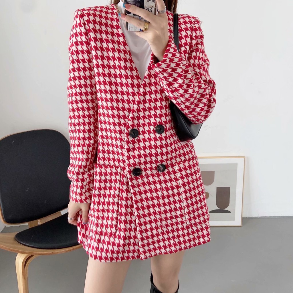 ÁO BLAZER ZARA NỮ HOẠ TIẾT HOUNDSTOOTH MÀU ĐỎ TRẮNG | BigBuy360 - bigbuy360.vn