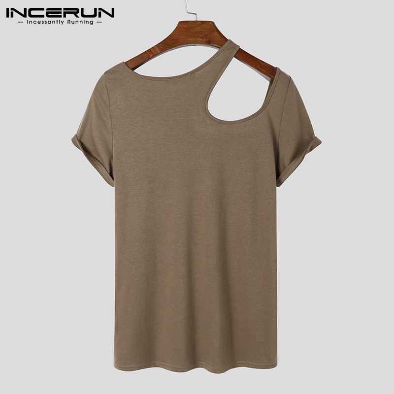 Áo kiểu INCERUN dành cho nam thiết kế tay ngắn cắt lỗ trơn màu thời trang