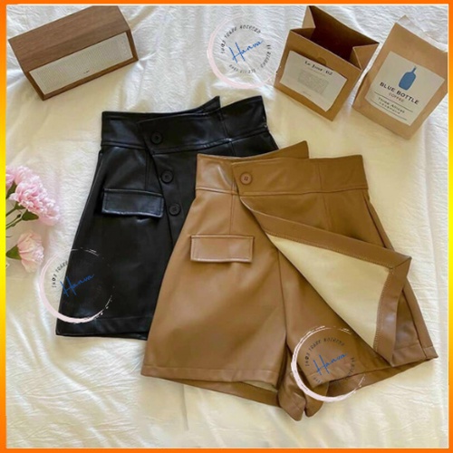 Quần Short Giả Váy Da 3 Cúc Vạt Chéo Lưng Cao Dáng Chữ A Siêu Tôn Dáng 2 màu Đen, Nâu
