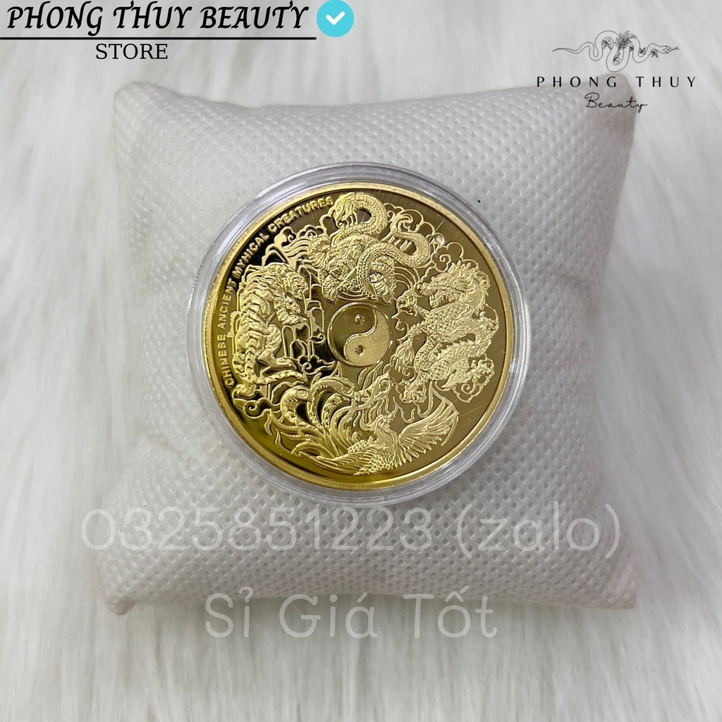 Móc Khóa Đồng Xu Tứ Linh, Long Lân Quy Phụng Mạ Vàng Siêu Đẹp Phong Thủy May Mắn