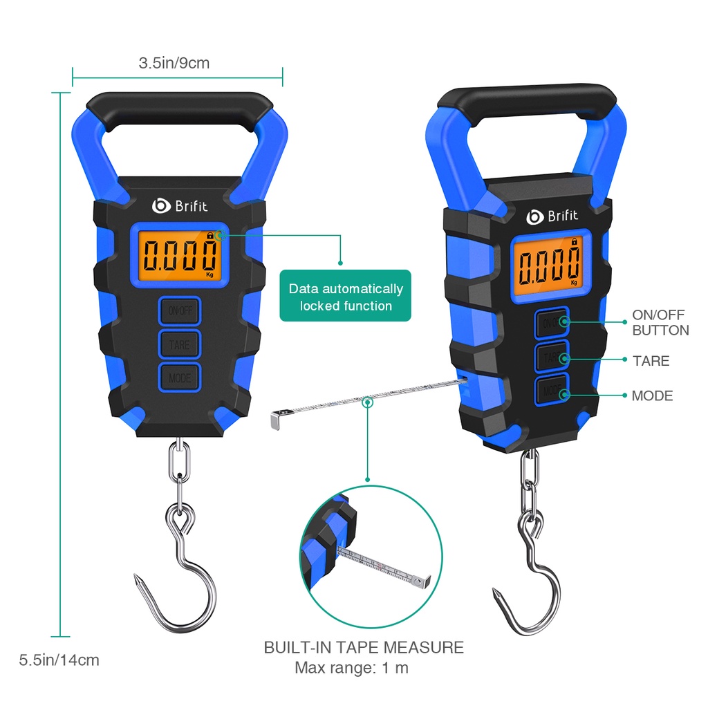 Cân đánh bắt cá hành lý du lịch Brifit kỹ thuật số xách tay 50kg có thước đo nhỏ gọn tiện lợi