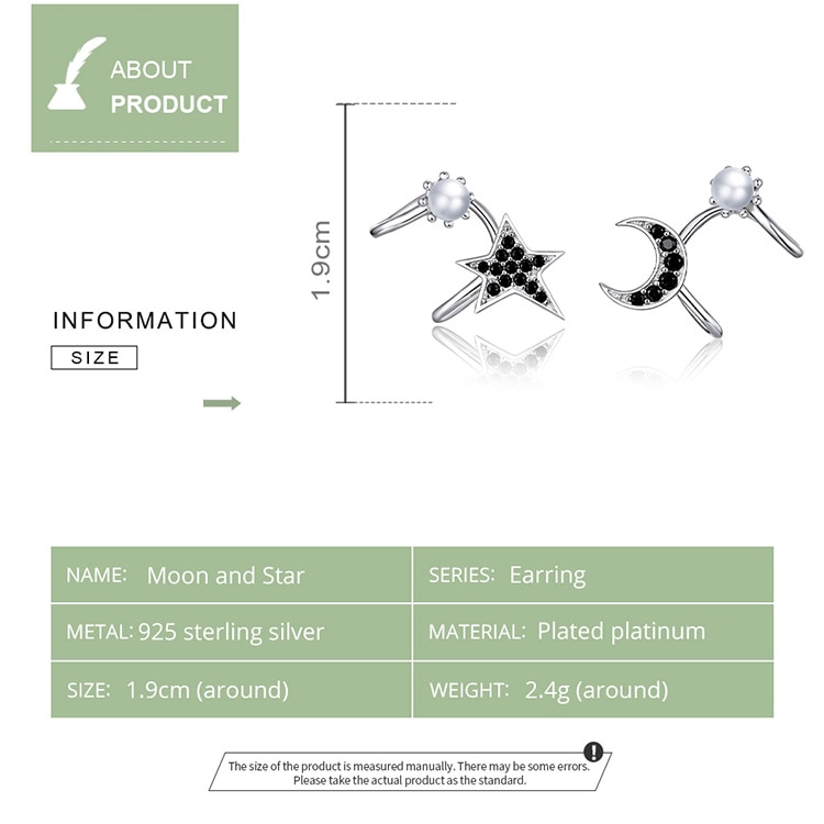 Khuyên Kẹp Tai Bamoer BSE387 Hình Ngôi Sao/Mặt Trang Đính Đá Màu Đen Thời Trang Nam Nữ Làm Bằng Bạc 925