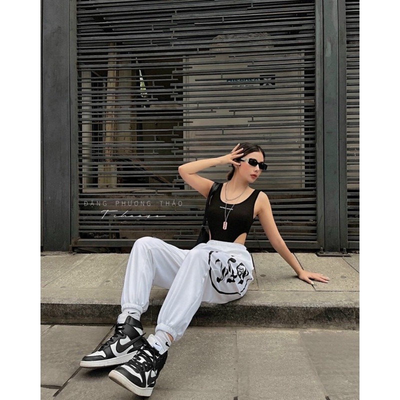Quần Jogger trắng đen in hình chất lừkèm hình thật