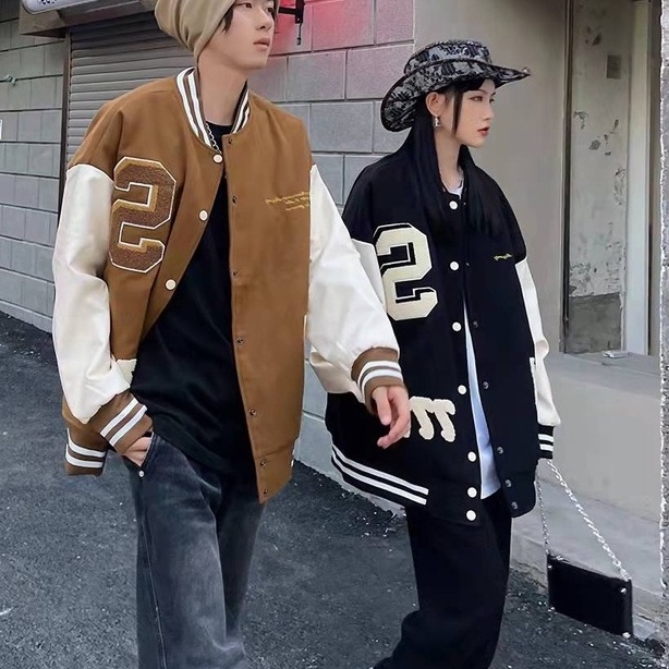 Áo khoác nỉ bóng chày dáng rộng thêu họa tiết phong cách retro thời trang cho nam