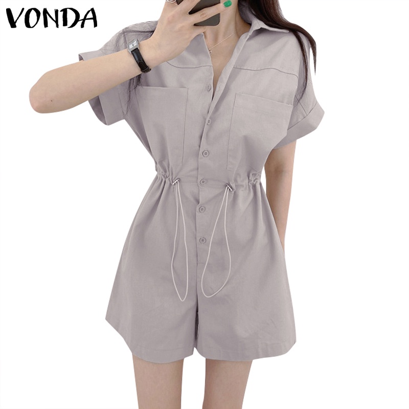 Áo liền quần VONDA tay ngắn màu trơn cài nút thời trang mùa hè Hàn Quốc cho nữ