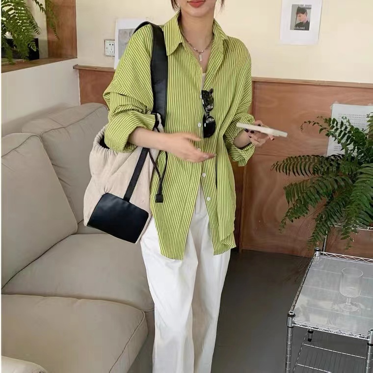 Áo sơ mi SUXI tay dài dáng rộng họa tiết kẻ sọc thời trang mùa hè cho nữ