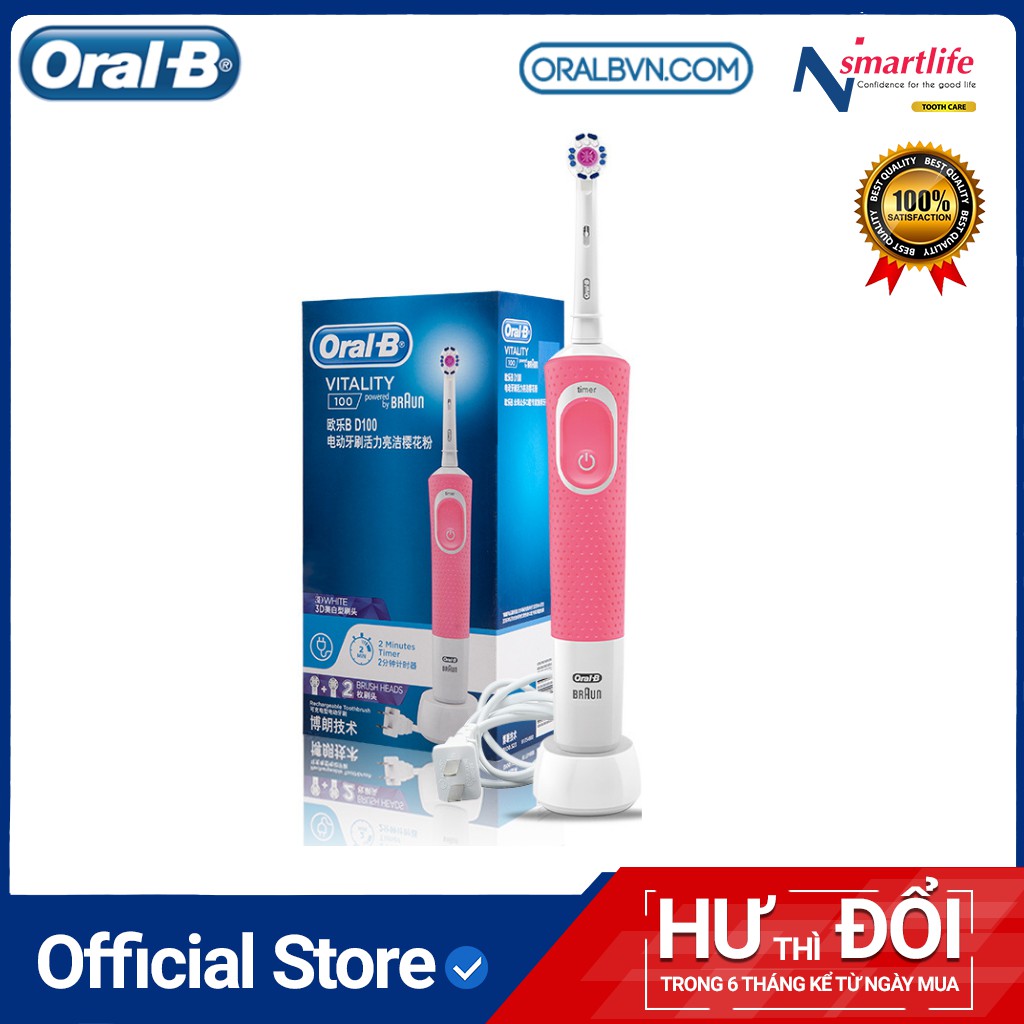 Bàn chải điện đánh răng tự động Oral B D100 xanh dương làm sạch răng, hạn chế viêm nướu kèm hộp nắp