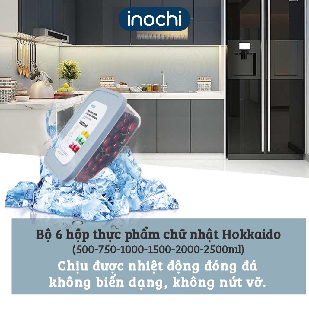Bộ 6 Hộp Thực Phẩm Hình Chữ Nhật Hokkaido INOCHI, Thiết Kế Tiện Lợi, Dễ Dàng Bảo Quản Thực Phẩm