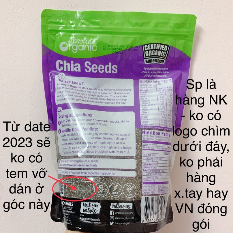 Hạt chia Úc Absolute Organic Chia Seeds túi tím