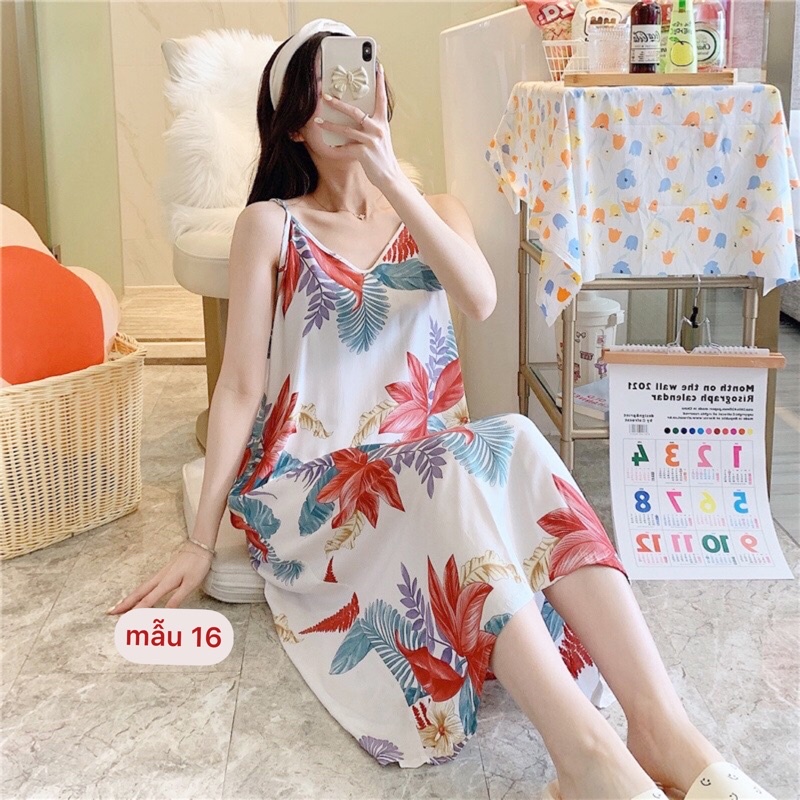 Váy lanh, váy ngủ Quảng Châu 2 dây mềm mát, hoạ tiết trẻ trung, thời trang | BigBuy360 - bigbuy360.vn