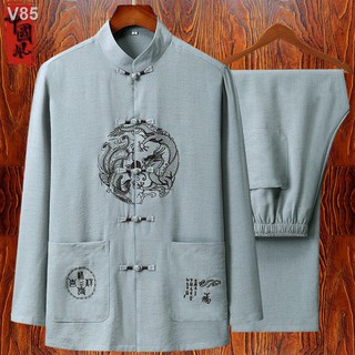 ✢☎Tang suit cotton và lanh dài tay phù hợp với nam giới trung niên già Bộ quần áo Hanfu phong cách Quốc cho người đàn ôn