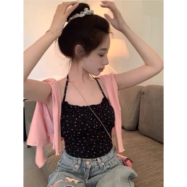 Có sẵn | Áo yếm croptop vải linen hoạ tiết hoa nhí