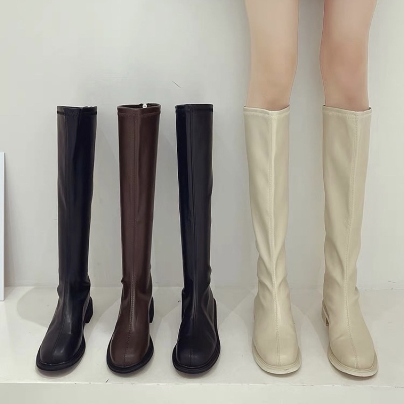 Boots nữ cổ cao dưới đầu gối da mềm ôm chân mũi tròn gót thấp có khoá kéo