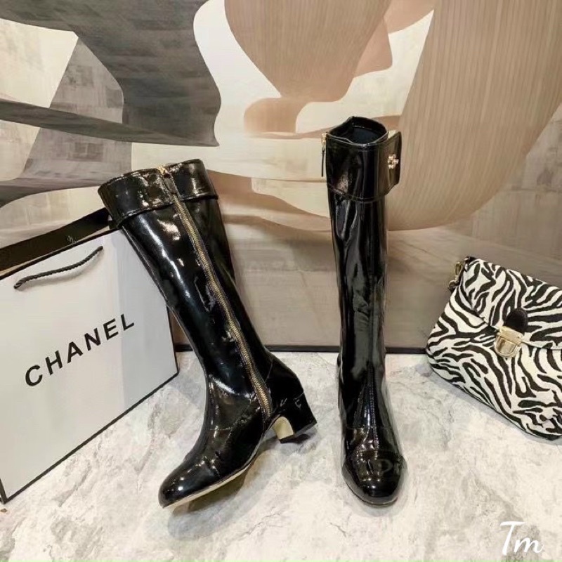 boots nữ cổ cao gót vuông 5cm bốt da bóng gối boot chànel mũi tròn (fullbox Bill túi)