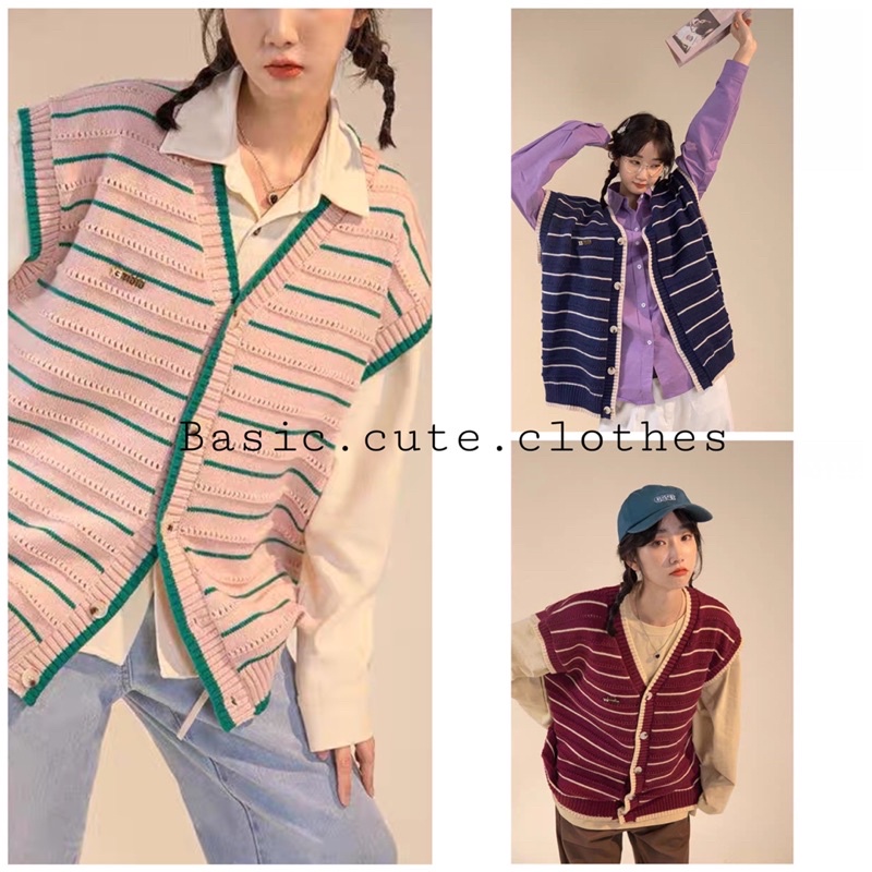 Áo gile len kẻ ngang khuy cài cổ tim form rộng phong cách ulzzang Hàn Quốc nhẹ nhàng nữ tính